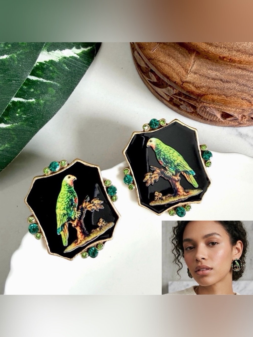 Green Bird Parrot Enamel Crystal Earrings Vintage Style Ornate Jewelry Stud NEW